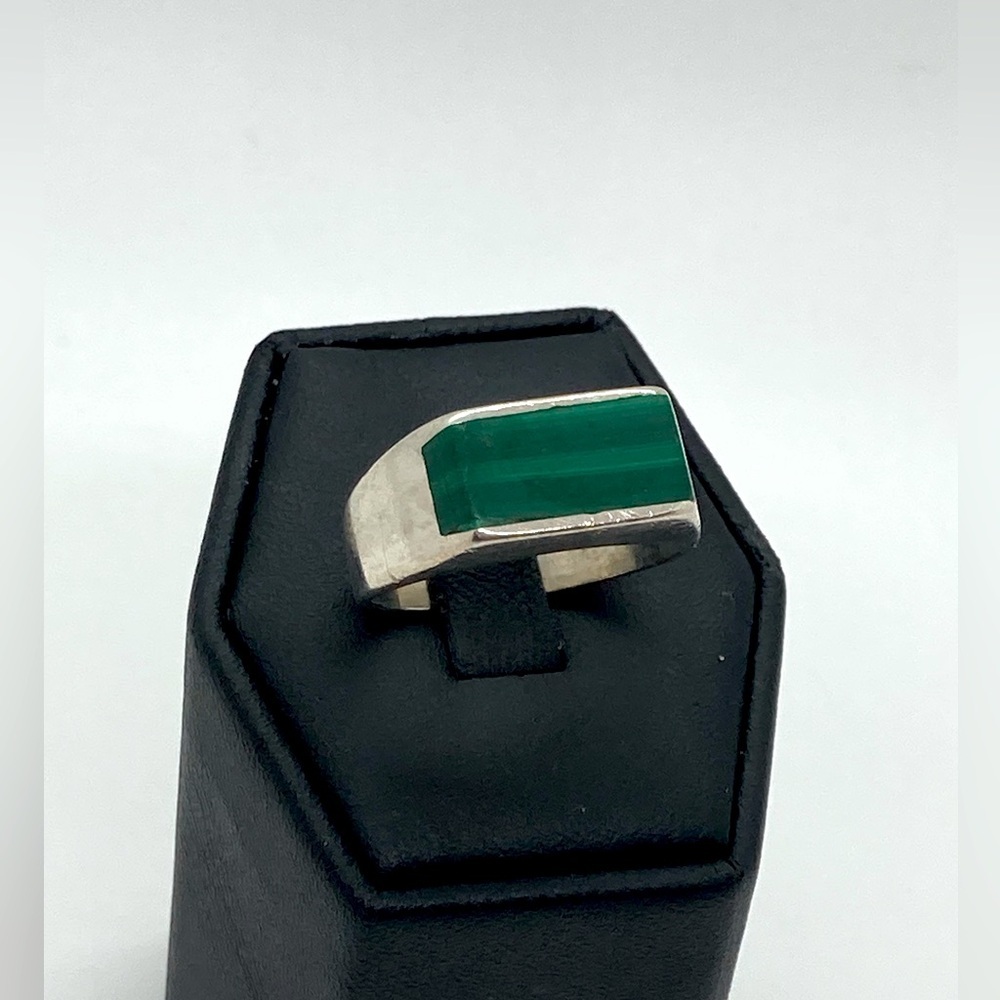 Vtg Sterling Silver & Malachite Modernist Style Ring | Sz 9 | 9.7g